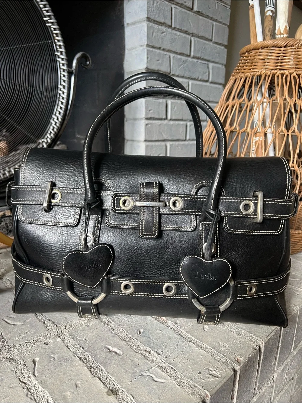 Luella Bartley Vintage Black Pebbled Leather Gisele Satchel Bag Cross Stitch